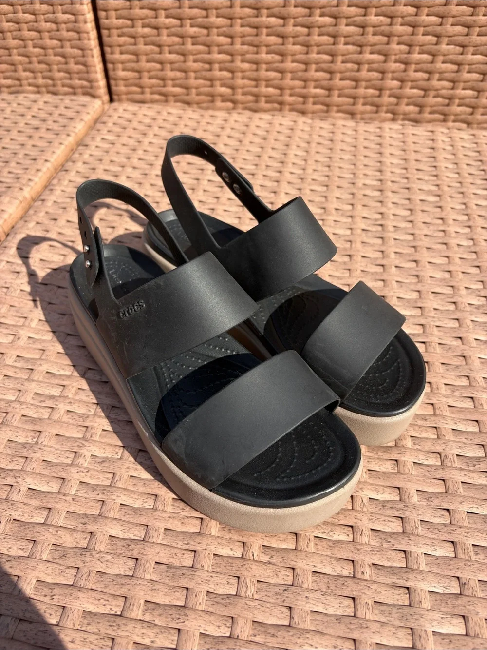 CROCS Black Strappy Platform Sandals with Cream Sole